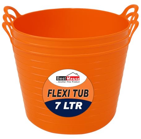 Best House | 3 Pcs of Flexi Tub with Handles | Small Size | Mini | 7 Litres | Orange | Garden Tubs | Plastic Storage Container for Home, Washing, Garden Waste and DIY Projects
