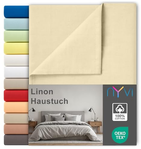 NYVI Linon Deluxe Bettlaken ohne Gummizug aus 100% atmungsaktiver Baumwolle - Betttuch auch als Sommerdecke nutzbar, Oeko-TEX 100, Bei 60°C waschbar - 240x260 cm Creme