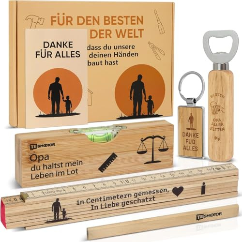 Wzzy Gurden Opa Handwerker Geschenk Set - mit Bieröffner | Zollstock | Zimmermannsbleistift | Schlüsselanhänger | Wasserwaage, Bester Papa Kreativer Geschenke für Vatertag(Opa)