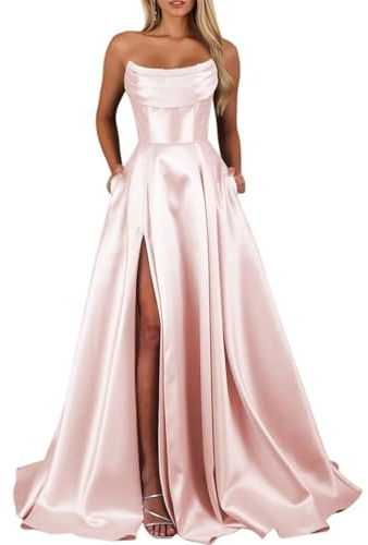 BRIGOW Robe de bal en satin sans bretelles pour femme - Robe de soirée longue avec poches BY094, rose poudré, 36