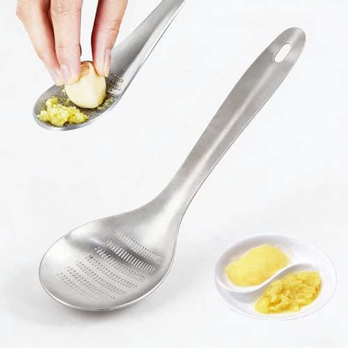 SEABABOO Ingwer Reibe Edelstahl, 1 Stück Knoblauchreibe Edelstahl mit Löffel, Parmesanreibe Handreibe, Zitronenreibe, Käsereibe für Ingwer Knoblauch Zitrone Karotte Ergänzungsfutter, Silber