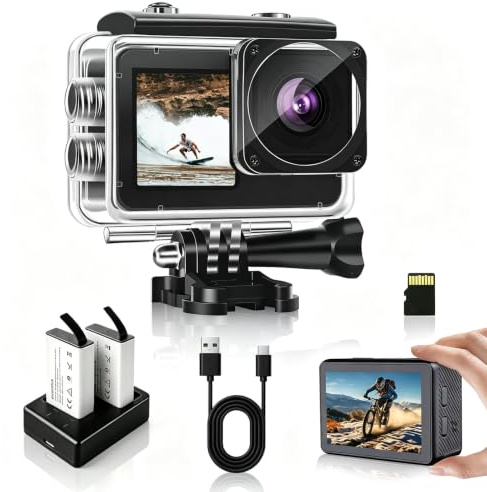 fceoul Action Camera 1080P FHD 16MP, 40M Waterproof Camera for Underwater & Sports with 2 & 1.3 Dual Colour Screens, Includes 32GB SD Card, 2x 1050mAh Batteries & Mounting Kit(Black)
