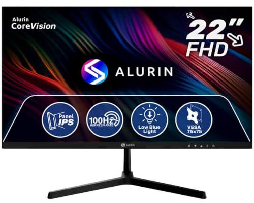 Alurin Monitor CoreVision, 22 Pulgadas, FHD, 1920x1080, Panel IPS, 100Hz HDMI VGA, Low Blue Light, Soporte VESA 75x75, Ordenador Oficina Gaming, Casual Diseño, Fotografia, Teletrabajo, Estudio