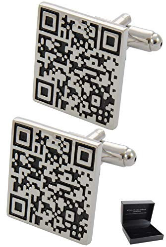 Manschettenknöpfe Herren Silber Farbe - Mit Box - QR Code - Langlebiges Messing - Silberne und Schwarze Farben - Barcode Scan App Einkaufen Quadratisch - Ein Paar