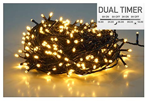 LED Lichterkette warm weiß mit Dual Timer - 120 LED / 9 m - Weihnachts Beleuchtung für den Innen- und Außenbereich - Advent Winter Garten Deko mit Zeitschaltuhr für Morgens/Abends