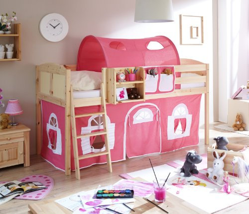 Sparpaket Hochbett Spielbett Eric Landhaus Kiefer massiv Natur, Vorhangstoff:Rosa Weiss