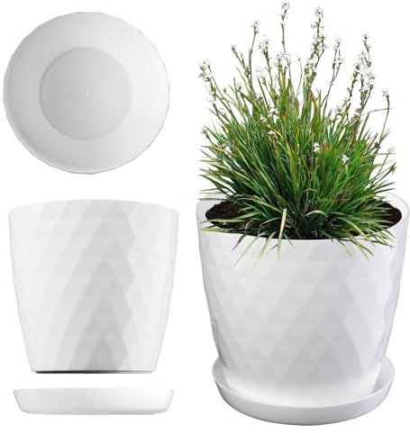 KADAX Pot de Fleurs en Plastique avec Soucoupe Intégrée, Pot de Plante pour Une Décoration Florale Moderne dans l'espace Interieur (14 cm, Blanc)