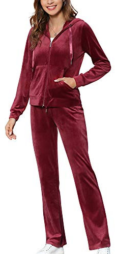 MessBebe, tuta da ginnastica da donna in velluto per il tempo libero lo sport 2 pezzi felpa con cappuccio a maniche lunghe con zip e pantaloni lunghi sportivi Colore: rosso, XL