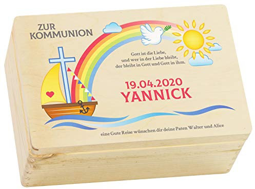 LAUBLUST Holzkiste zur Kommunion - Regenbogen Farbmotiv | Personalisiertes Kommunion-Geschenk, FSC® (Natur, ca. 30 x 20 x 14 cm | M)