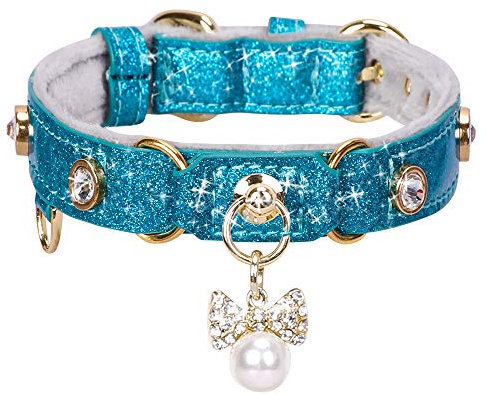 PetsHome Katzenhalsband, Hundehalsband, [Bling Strasssteine] PU Leder Verstellbares Haustier Halsband mit Luxus Anhänger für Katze und kleine Hunde, Extra Klein Blau