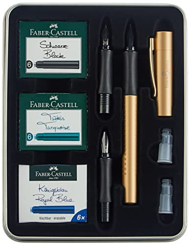 Faber-Castell 201523 Grip Edition Set, Fountain Pen with Ink Bottle 30 ml Royal Blue and Converter, in Metal Case, Gold, 1 Set