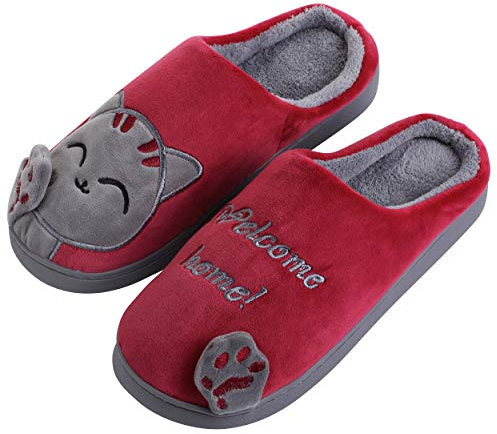 Kuschelige Plüsch Hausschuhe, Pantoffeln, Tier-Schlappen für Damen, Mädchen | 40/41 EU | Katze Grau Berry