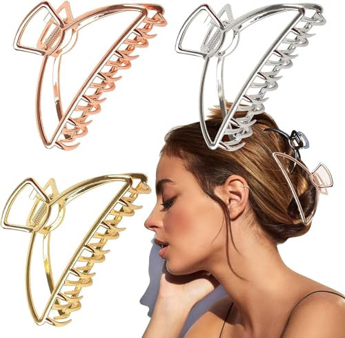 VinBee Hair Clips Extra Large Metal Hair Clips Strong Hold - Lightweight and Non-slip for Thick Thin Hair, Curly Hair and Short Hair - Gold, Silver, Rose Gold 3 Pcs