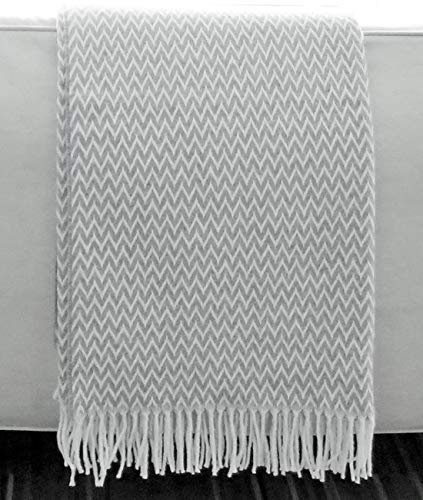 Zickzack Baumwolldecke, Plaid mit Fransen 140x200cm, Decke Baumwolle, Wohndecke, Kuscheldecke, Tagesdecke, Sofadecke (hellgrau zz)
