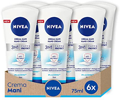 NIVEA Crema Mani 3in1 Care & Protect con Effetto Antibatterico 6 x 75 ml, Crema idratante per le mani nutriente e idratante, Crema antibatterica con Olio di Jojoba