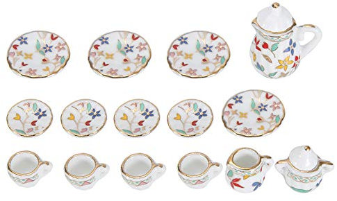 Yosoo Health Gear 15Pcs Tea Miniature, Beautiful Dollhouse Kitchen Miniature, Porcelain Verisimilitude for Living Room High Simulation for Home(Colorful floral)