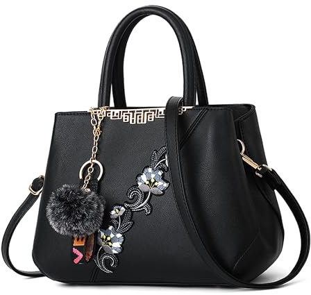 VARLIVOO Handtasche Damen Mittelgroß Elegant Taschen mit Blumenstickerei Leader PU Henkeltasche Frauen Schultertasche Shopper Mit Plüschanhänger fur Reisen Büro Einkauf Schwarze A