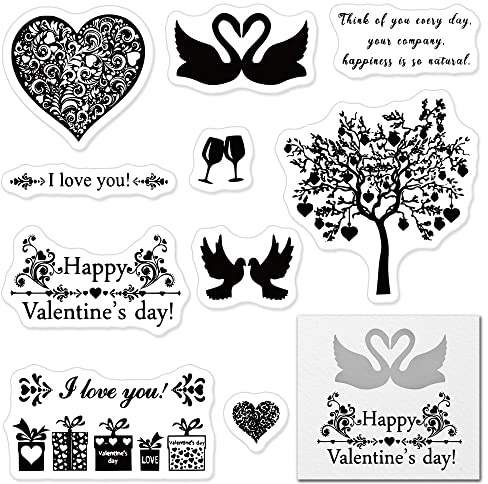 Happy Valentine's Day Words Clear Stamps for Card Making, Heart Tree Flower Love Swans Clear Rubber Stamps for Holiday Card Making Decoration DIY Scrapbooking Transparent Album Decor Paper Craft
