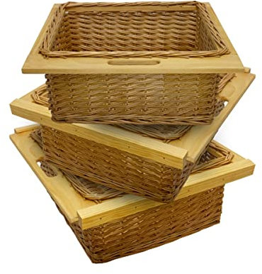 3 Ausziehbare Weidenkörbe Küche Rattan 600mm Küchenkörbe Aufbewahrung Lagerung Speisekammer Unterschrank & Läufer Buche massiv 60cm Landhausstil 100% handgefertigt Befestigungssatz inklusive - Braun