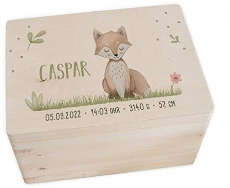 HELLOMINI Erinnerungskiste Personalisiert Fuchs - Holzkiste mit Deckel - Erinnerungsbox Baby mit Wunschnamen - Geschenk zur Geburt - Aquarell Motiv (L: 40x30x23cm mit Druck)