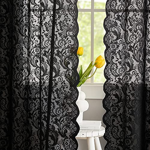 ALIGOGO Schwarze Küchenvorhänge mit Spitze, 114.3 cm Länge, Boho, Shabby-Halloween-Küchenvorhänge, Kurze durchsichtige Vorhänge für Badezimmer, Wäsche, kleine Fenster, 132x114.3 cm, Schwarz