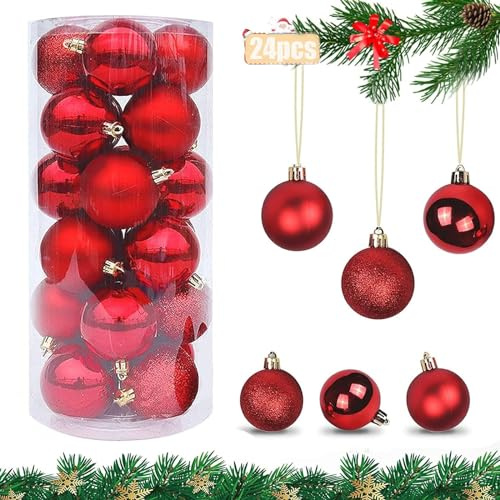 Weihnachtskugeln Kunststoff, 24tlg Christbaumkugeln, 4 cm Weihnachtskugeln Rot, Funkelnde Weihnachtsbaumkugeln, Unzerbrechliche Weihnachtsbaum Kugeln, Weihnachtsbaumschmuck, Weihnachtsbaum Anhänger