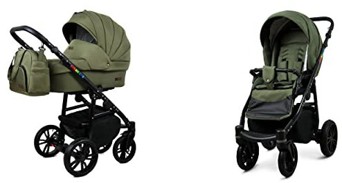 BabyLux Color Lux 2-in-1 Baby Kinderwagen Tief und Kinderwagen mit Zubehör Verstellbar und faltbar Aluminiumkonstruktion Wasserdichte Nicht abnehmbare Räder Olive Black Frame