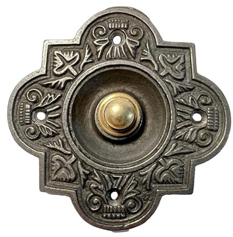 Türklingelknopf aus Gusseisen, traditioneller Vierpass-Form, 10 x 10 cm, Messing-Druckknopf mit Gusseisen-Einfassung, Vintage-Stil