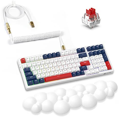 ATTACK SHARK K98 100-Tasten Hot-Swap-fähige Mechanische Gaming-Tastatur, BT5.0/2.4G/Coiled USB C, 3000mAh-Akku, Programmierbare RGB-Beleuchtung, Roter Schalter, White-Cloud-Handballenauflage -Blau