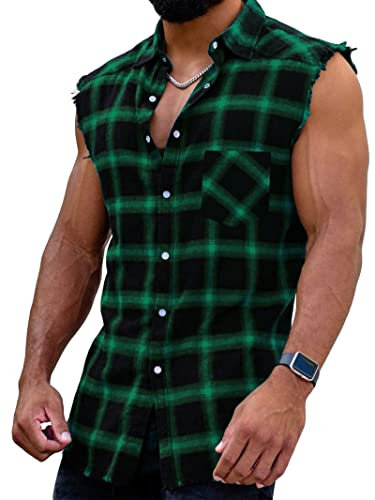 Chemise à carreaux pour homme - Sans manches - Manches longues - Coupe droite - En flanelle - En coton - Avec poches, A : vert, XL
