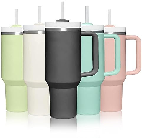 mebiusyhc 40oz Stainless Steel Vacuum Insulated Cup Double Wall Travel Flask Car Coffee Mug Tumbler with Straw with Handle for Hot Iced Coffee (Charcoal) (GMKBG98)