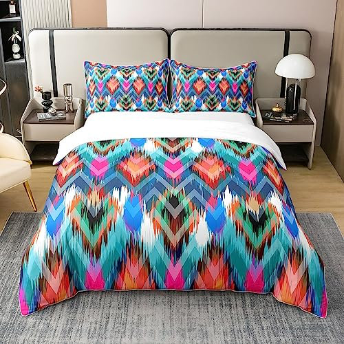 100% Bio Baumwolle Kinder Hippie Bettbezug für Mädchen Jungen,Bohemian Aztec Bettwäsche Set,Bunte Boho Psychedelic Tröster Abdeckung,Exotische Trippy Tattoo Zigeuner Bett mit 2 Kissenbezüge,200x200