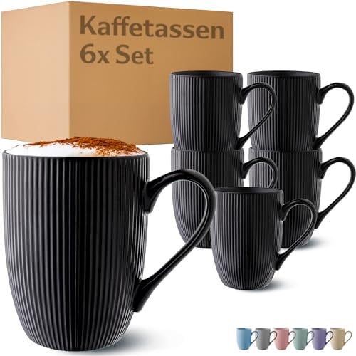 Cosumy Tazas para Cafe con Leche Grande - Juego de 6 Tazas para Café, Té y Capuccino en Color Negro - Diseño Único - Cerámica Mate - Aptas para Microondas & Lavavajillas