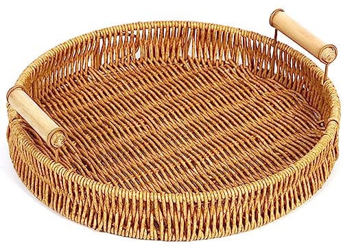 Aoguaro Imitation Wicker Bread Baskets, Small With Handles Rectangle & Round Hand Knitting Tray, Plastic Vintage Storage Organizing Basket, for Kitchen Counter Table Restaurant Organizer Decor