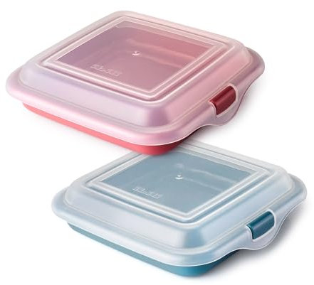 PracticDomus Porta Sandwich y Alimentos ideal Almuerzo o Merienda. Reutilizable, Libre de BPA y Apilable en Nevera. Medida 14 x 14 x 3.6 cm (2X Chico)