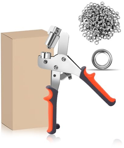 HAIMAYEE Occhiellatrice per Teloni Pinza Occhielli con 300 Occhielli Ø 10mm per Tessuti PVC Teloni Tende Sole Cartone Pelle Pinza Occhiellatrice Manuale Arancia