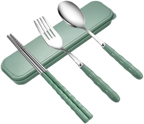 Travel Utensils Portable Silverware Cutlery Set Stainless Steel Reusable Flatware Portable Fork Spoon Chopsticks with Case for Camping Picnic Hiking Office (Green)