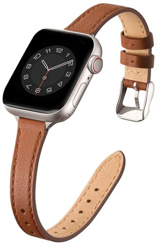 Leather Strap Compatible with Apple Watch Straps 42mm(Series 10) 41mm 40mm 38mm,Genuine Slim&Thin Leather Replacement Band for Apple Watch Series 10 9 8 7 6 5 4 3 2 1/SE(Brown&Starlight)