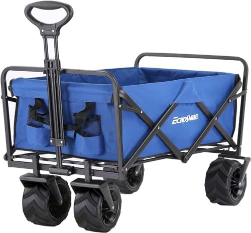 EchoSmile Bollerwagen Faltbar 200L 160KG Belastbar, Handwagen Transportwagen Klappbar mit Verstellbarem Griff & Seitentaschen, Breite Räder All-Terrain Strandwagen Gartenwagen Einkaufswagen