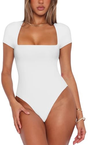 REORIA Womens Fashion Sexy Square Neck Double Lined Fitted Shirts Stretchy Short Sleeve Slimming Going Out Thong Bodysuit Tops White Medium