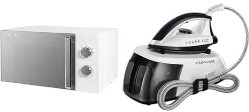 Russell Hobbs Honeycomb RHMM715 17 Litre 700W White Solo Manual Microwave with 5 Power Levels & Steam Power Generator Iron, 1.3L Removable Water Tank, Stainless Steel Non Stick