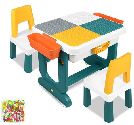 TATIVALO 6-in-1 Kindertisch mit 2 Stühle, Kinder Spieltisch mit 300 Bausteinen, Doppelseitiger Tischplatte, Multifunktionaler Aktivitätstisch Sandtisch, Basteltisch