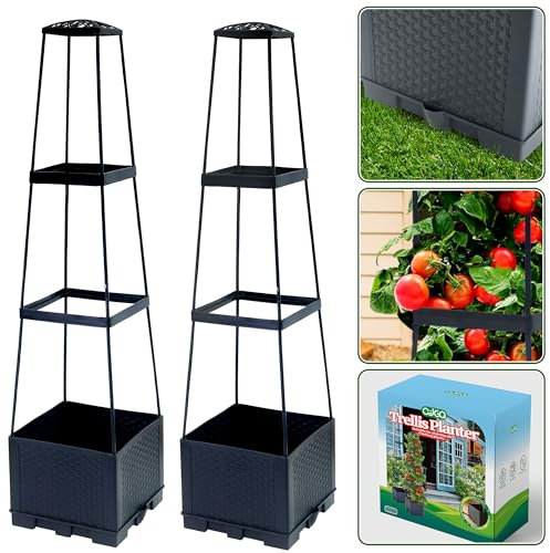 2 Packungen Hochbeet Tomaten-Pflanzkasten mit Rankgitter, 113,8 cm, selbstbewässernder Tomatenkäfig mit trapezförmigem Rankgitter für Kletterpflanzen, Blumen, Gemüse, Reben auf Terrasse, Garten,