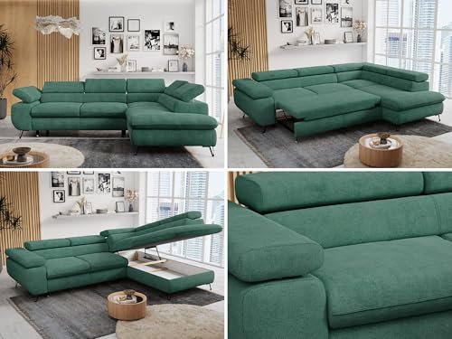 MKS MEBLE Ecksofa Sofa Grün, Wohnlandschaft L-Form mit Schlaffunktion und Bettkasten, Schlafsofa mit Bettkasten, Sofa mit Einstellbare Kopfstützen, Peter L - Grün Struktur - Rechts Grün