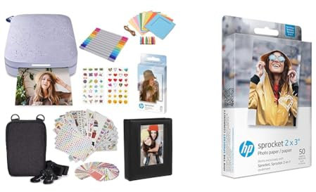 HP Sprocket Portable 2x3 Zoll Sofortbilddrucker (Lila) Starter-Kit & 2x3 Premium Zink Fotopapier (50 Blatt), kompatibel mit tragbarem Kettenrad-Fotodrucker