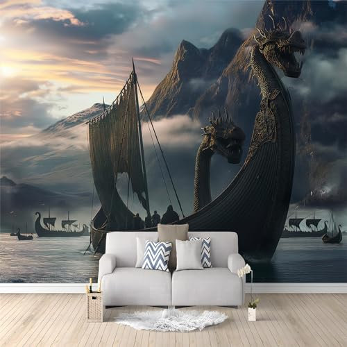 Papier Peint 3D Bateau-Dragon 250x175 cm Panoramique Peinture Murale Interieur pour Salon Chambre à Coucher D'Enfant Maison Décoration Murale