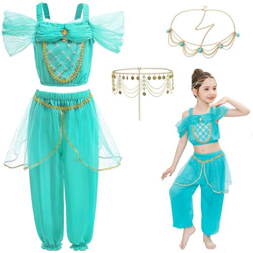 LCXYYY Jasmin Kostüm Mädchen Fasching Cosplay Arabisch Prinzessin Jasmin Bauchtanz Outfit Top und Hose mit Zubehör Anzug Halloween Weihnachten Karneval Festkleid für Kinder Geschenke 3-9 Jahre