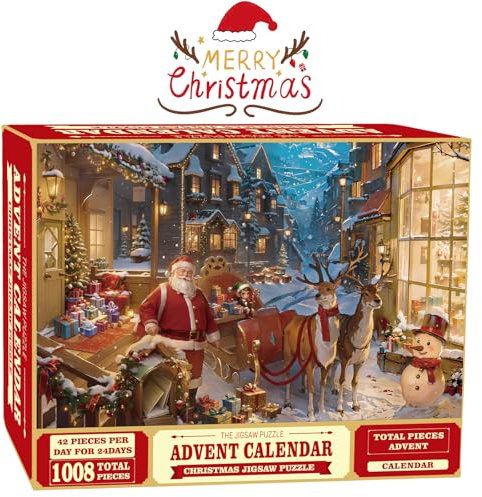 Advent Calendar 2024 Christmas Jigsaw Puzzles,24 Boxes 1008 Pieces Snowy Christmas Santa's Elk Gift Warm Holiday Jigsaw Puzzles Christmas Countdown Calendar Puzzles Gifts for Adults Kids Xmas Decor