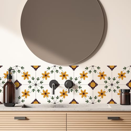 Alwayspon Tile Sticker, Retro Orange Flower Self Adhesive Stick on Floor Tiles Transfer for Bathroom Kitchen, Splashback, Peel and Stick Vinyl Flooring Tiles Sticker, 12PcsX15cm/6inch