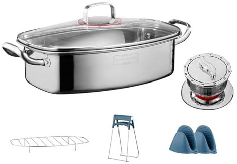Ovaler Dampfgarer Für Fisch Mit Timer, Aus Edelstahl 18/10, Multifunktion Zum Dämpfen Von Fisch/Meeresfrüchten/Braten Von Truthahn, Universell Für Induktionsherd, Herd (Einzelschicht)